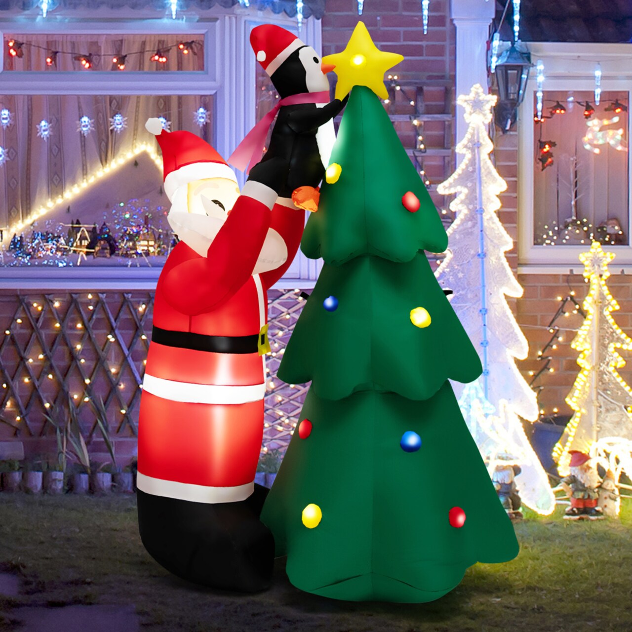 6Ft Christmas Inflatable Tree Santa Claus And Penguin Decor W/ Air Blower And Led Lights